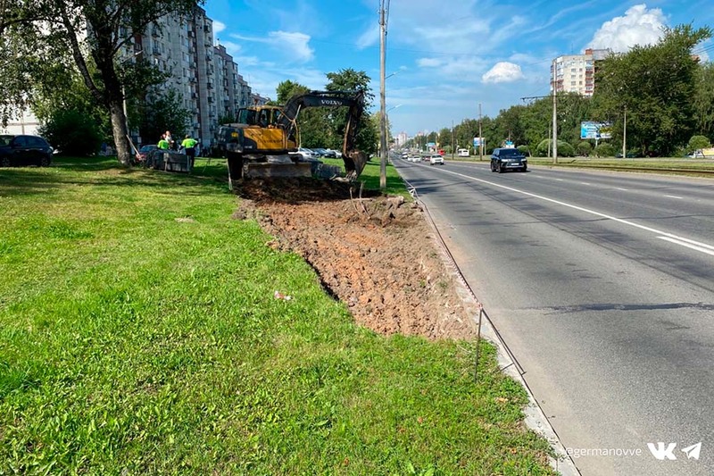 Строительство выезда с дублера проспекта Победы.